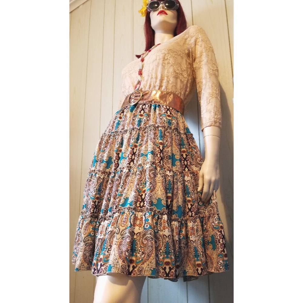 Vintage ROD’S Boho Western Lacey Paisley Tiered Ruffle Skirt Midi Dress